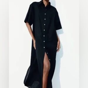 Snappy Turtle Delray Beach Fl Black Linen Shirt Dress Midi Pockets Size XL